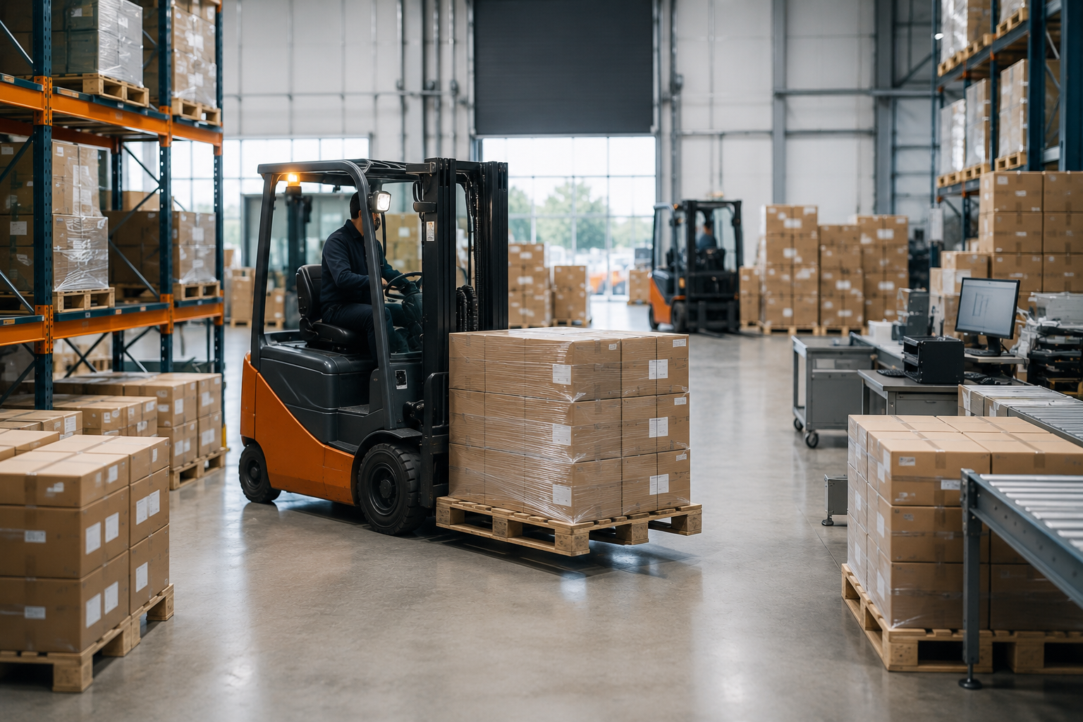 Organized logistics operation with forklift and pallets